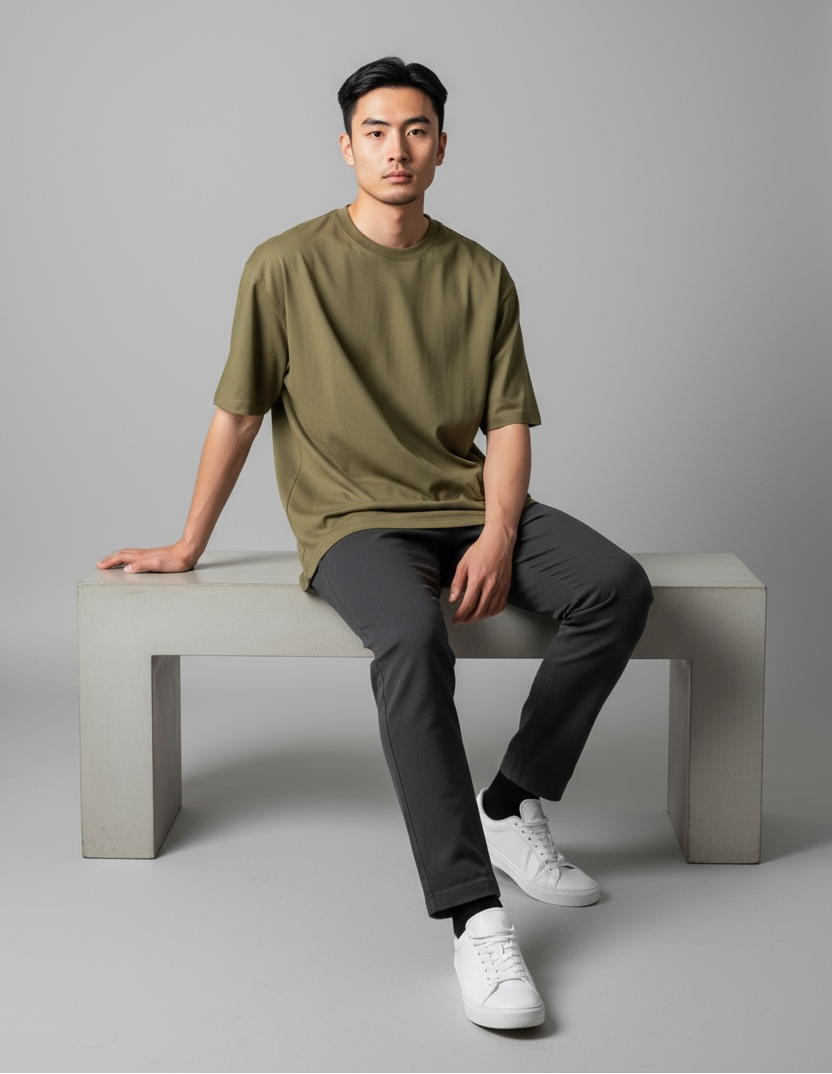 Man sitting on a bench wearing an olive green shirt and dark pants against a gray background